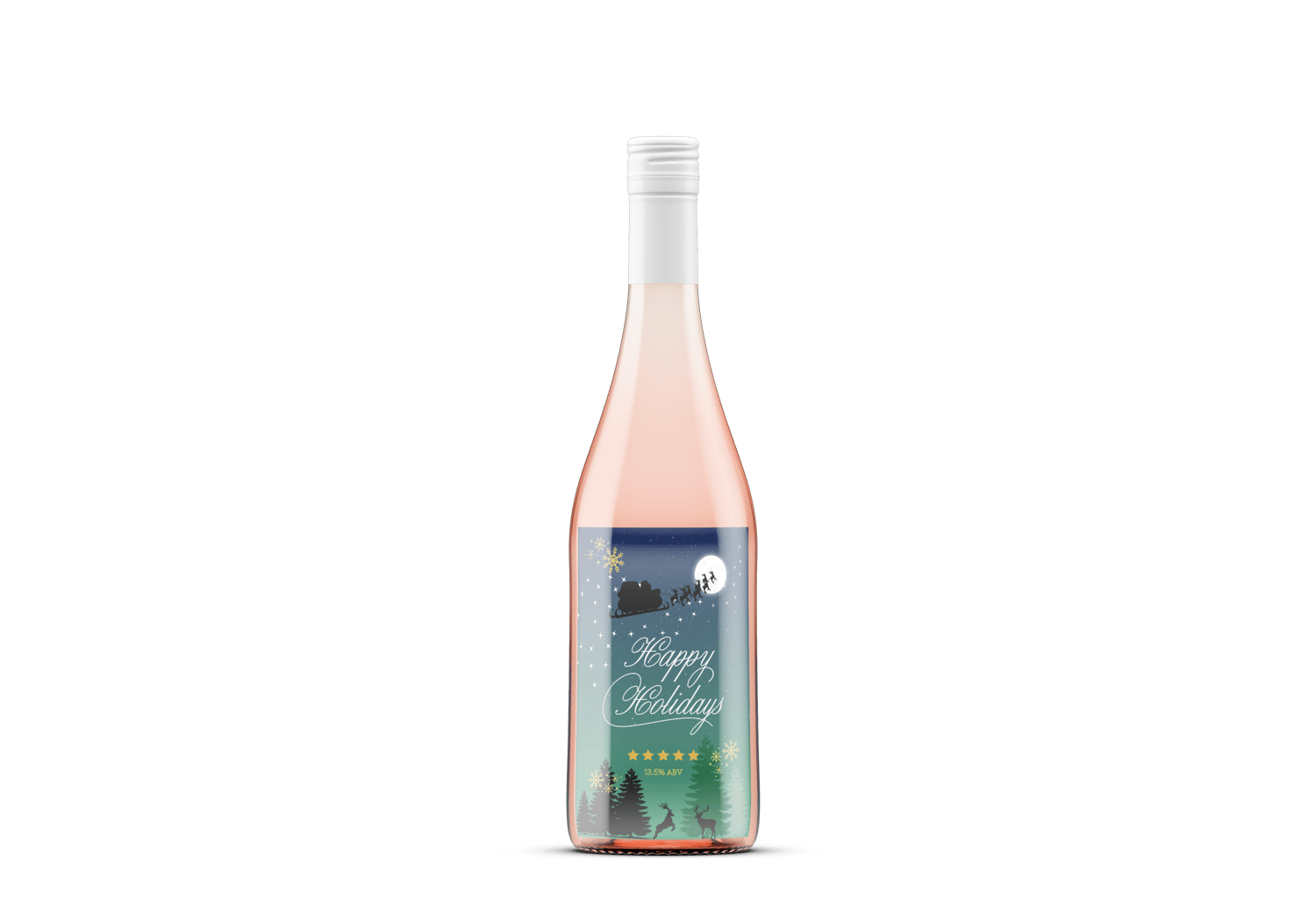 Customizable Aurora Night Santa Sleigh Sticker Label 4"x6" | Digital Canva Template. Mock sticker on rose wine bottle