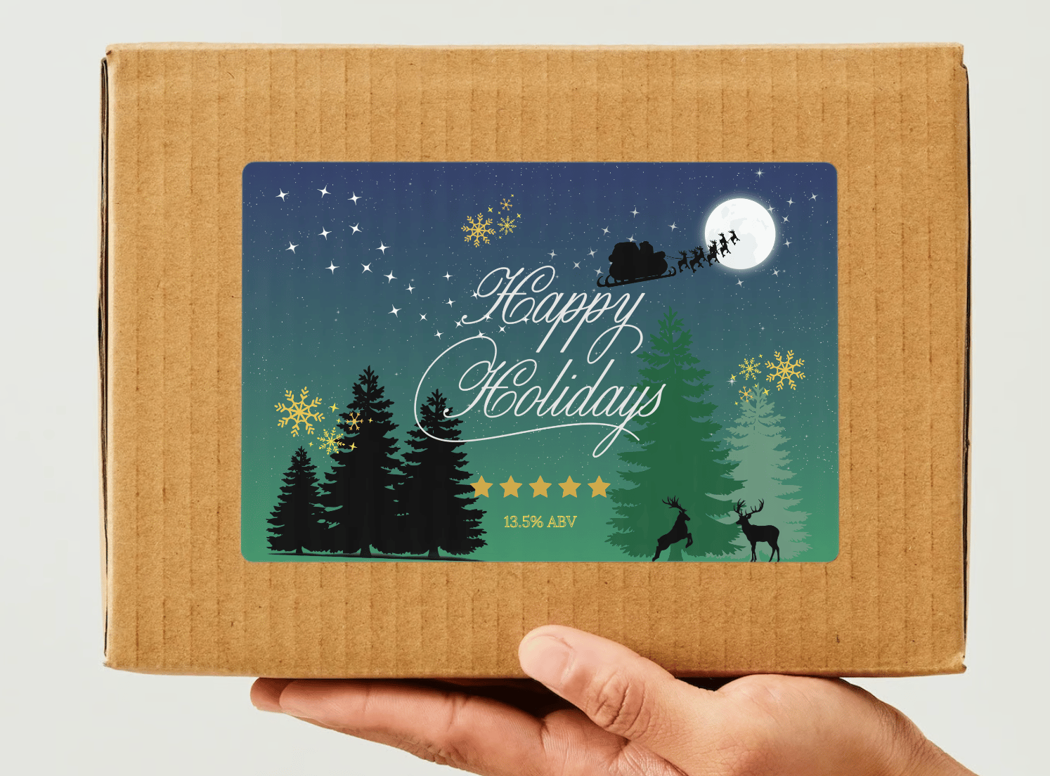 Customizable Aurora Night Santa Sleigh Sticker Label 6"x4" | Digital Canva Template. Mock sticker on box
