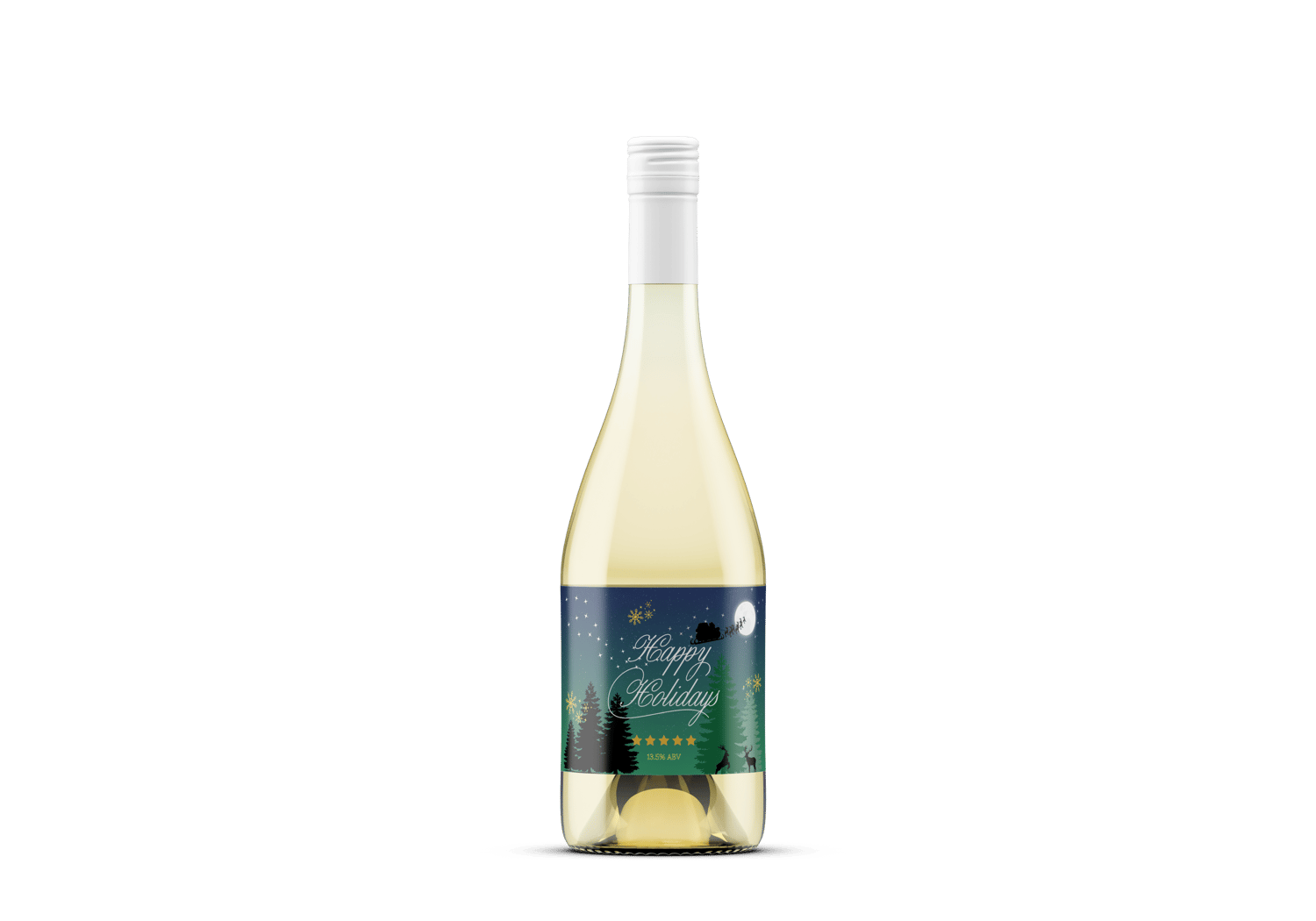 Customizable Aurora Night Santa Sleigh Sticker Label 6"x4" | Digital Canva Template. Mock sticker on white wine bottle