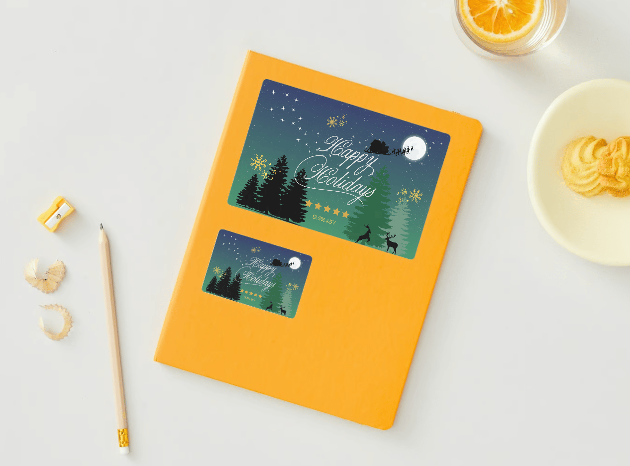 Customizable Aurora Night Santa Sleigh Sticker Label 6"x4" | Digital Canva Template. Mock sticker on envelope