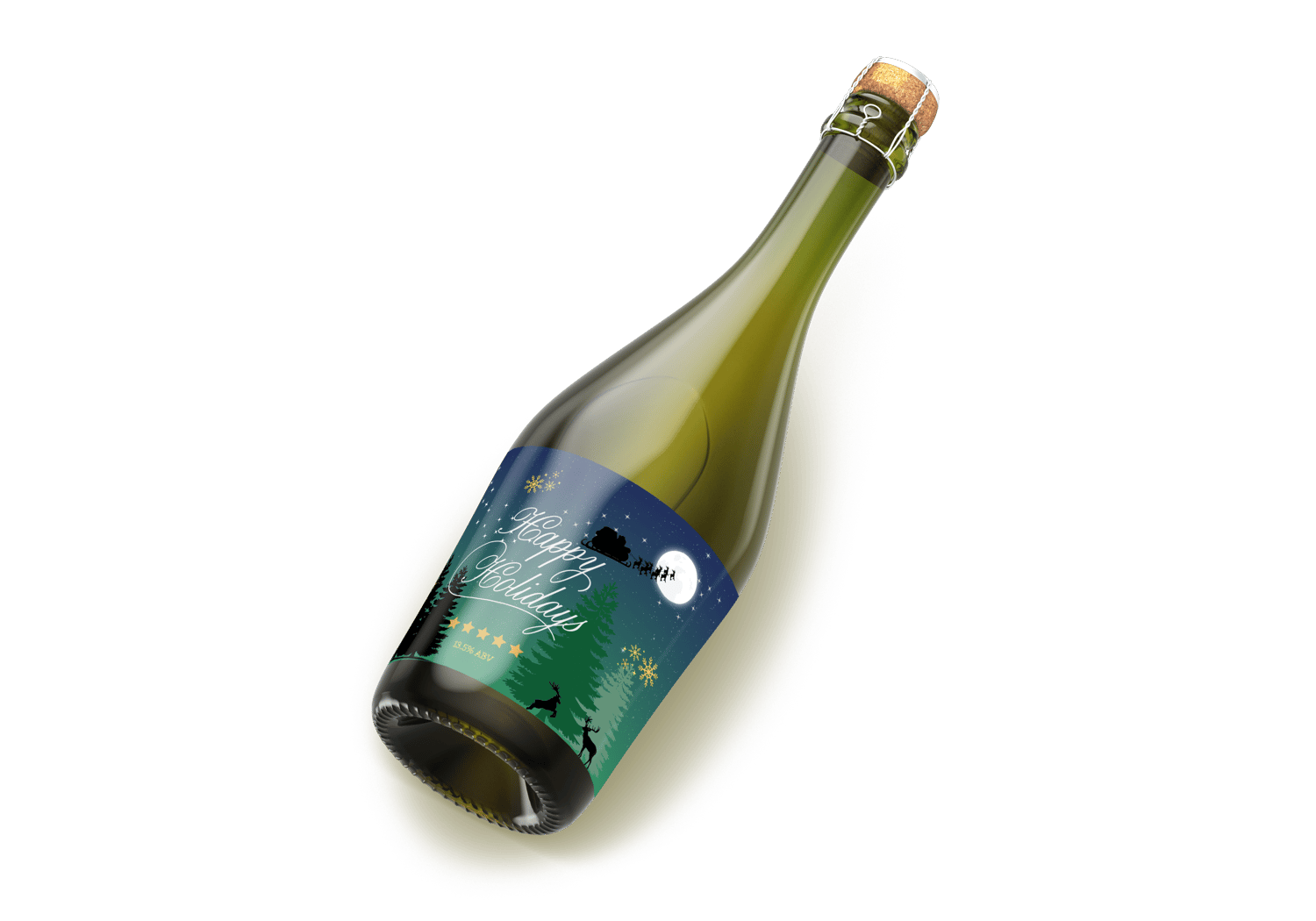 Customizable Aurora Night Santa Sleigh Sticker Label 6"x4" | Digital Canva Template. Mock sticker on dark wine bottle