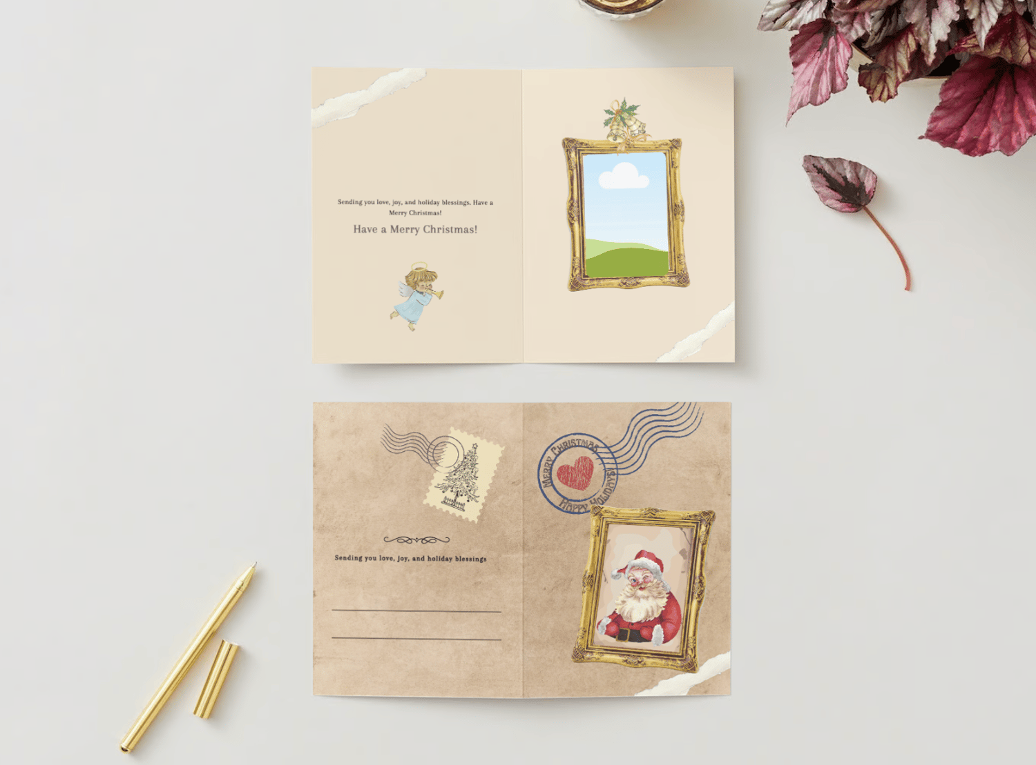 Vintage Santa Postcard Canva Template Bundle | 6 Customizable Designs | Holiday Season Digital Download. Mock card portrait outside and inside views