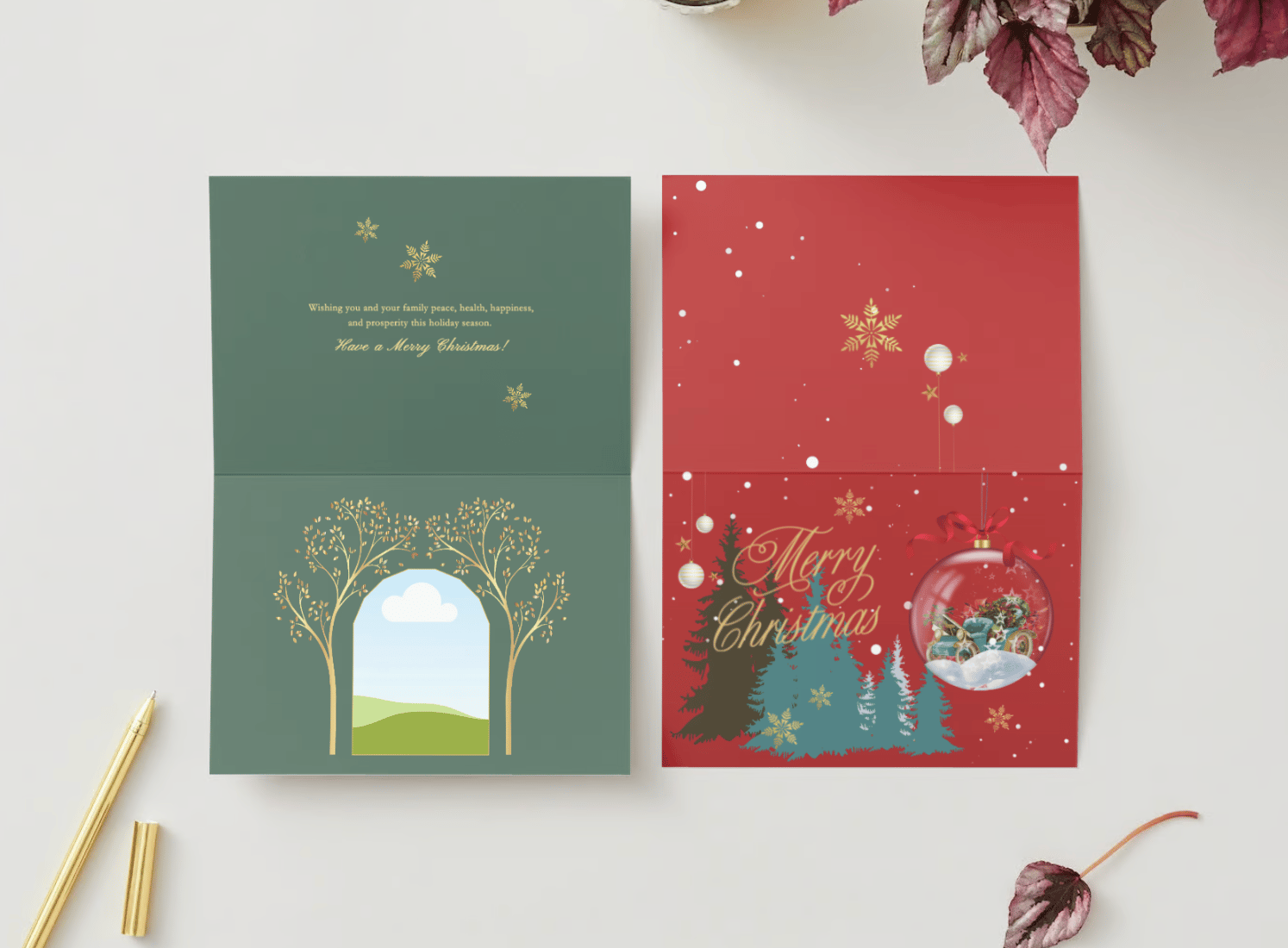 Festive Christmas Ornament Scene Canva Template Bundle | 6 Customizable Designs | Holiday Season Digital Download. Mock card landscape outside and inside views