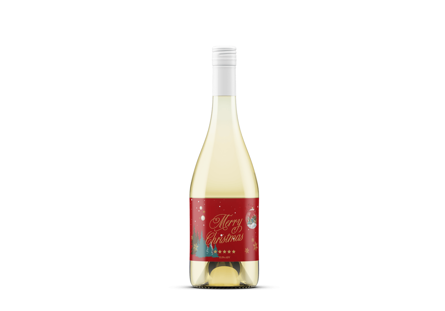 Festive Christmas Ornament Scene Canva Template Bundle | 6 Customizable Designs | Holiday Season Digital Download. Mock sticker label landscape on white wine bottle