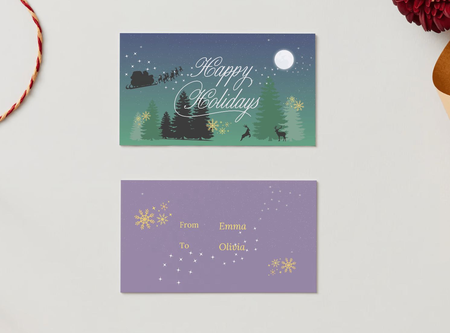 Aurora Night Santa Sleigh Canva Template Bundle | 6 Customizable Designs | Holiday Season Digital Download. Mock gift/favor tag front and back views