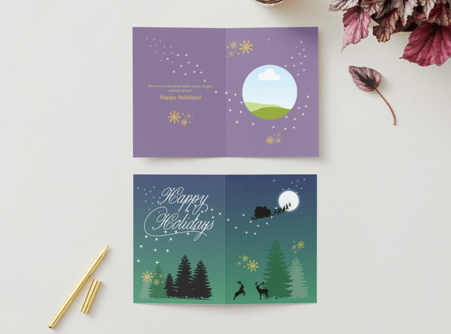 Aurora Night Santa Sleigh Canva Template Bundle | 6 Customizable Designs | Holiday Season Digital Download. Mock card portrait outside and inside views