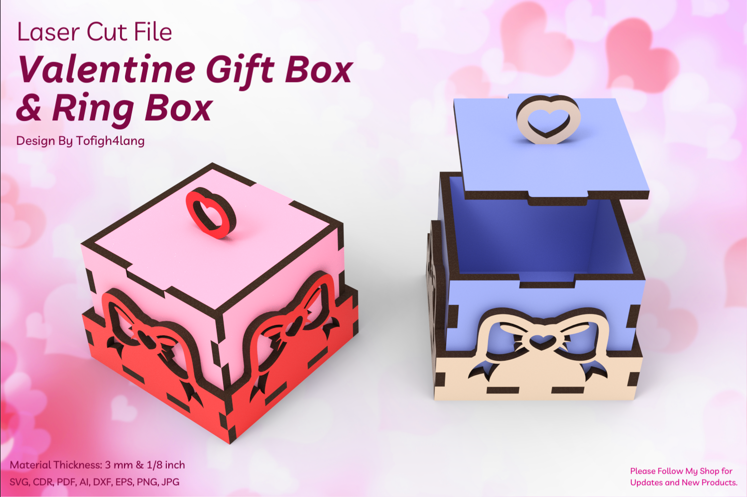 Valentine Gift Box and Ring Box Laser Cutting File | Heart Ribbon Design | SVG File