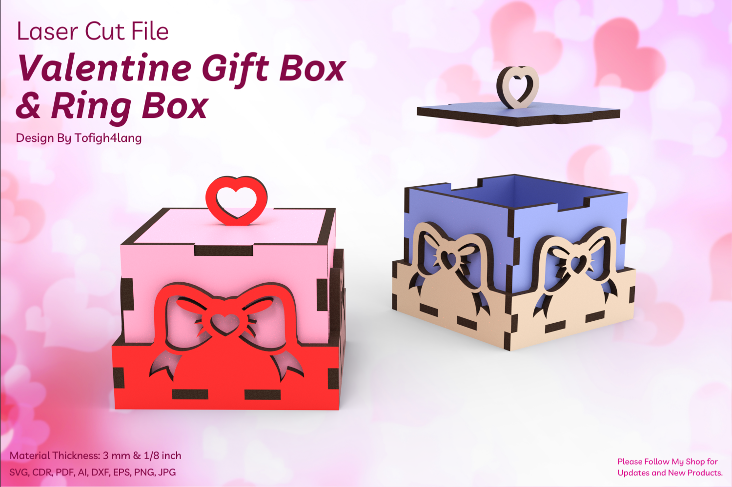 Valentine Gift Box and Ring Box Laser Cutting File | Heart Ribbon Design | SVG File