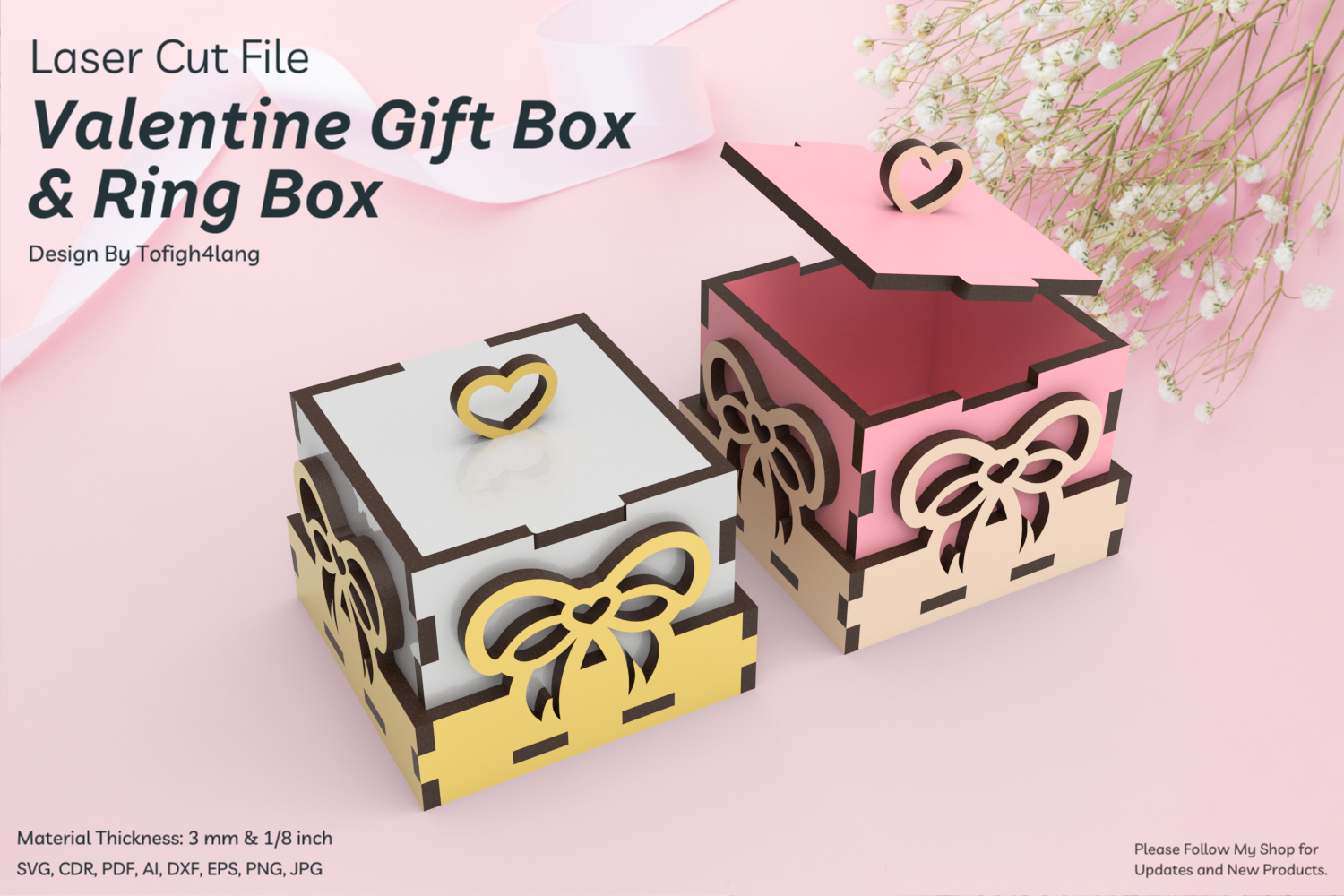 Ribbon Gift Box and Ring Box Laser Cutting File | Heart Ribbon Design | SVG File
