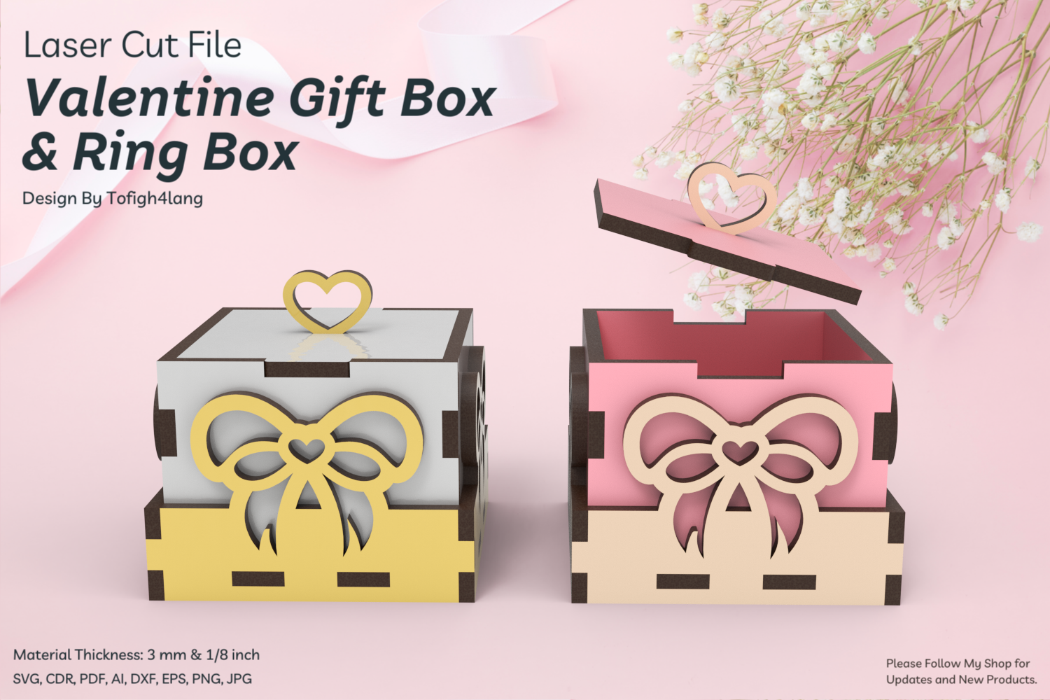 Ribbon Gift Box and Ring Box Laser Cutting File | Heart Ribbon Design | SVG File