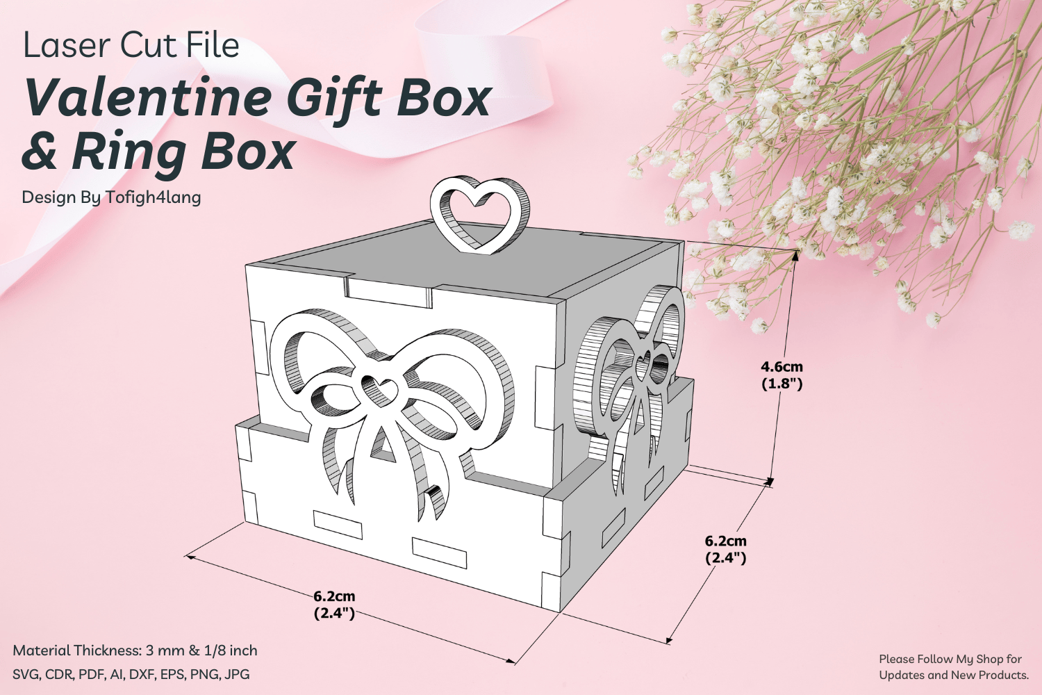 Ribbon Gift Box and Ring Box Laser Cutting File | Heart Ribbon Design | SVG File