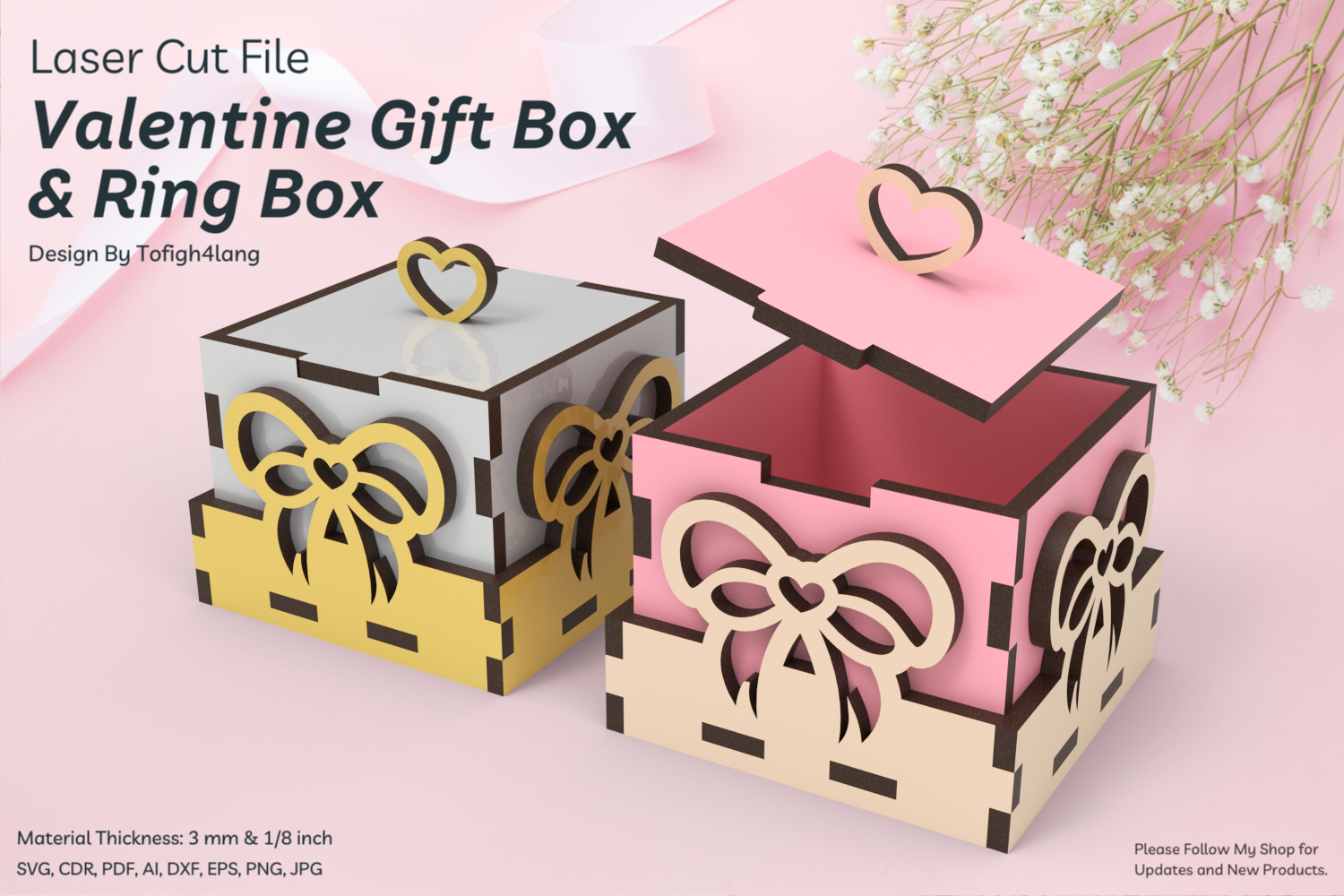 Ribbon Gift Box and Ring Box Laser Cutting File | Heart Ribbon Design | SVG File