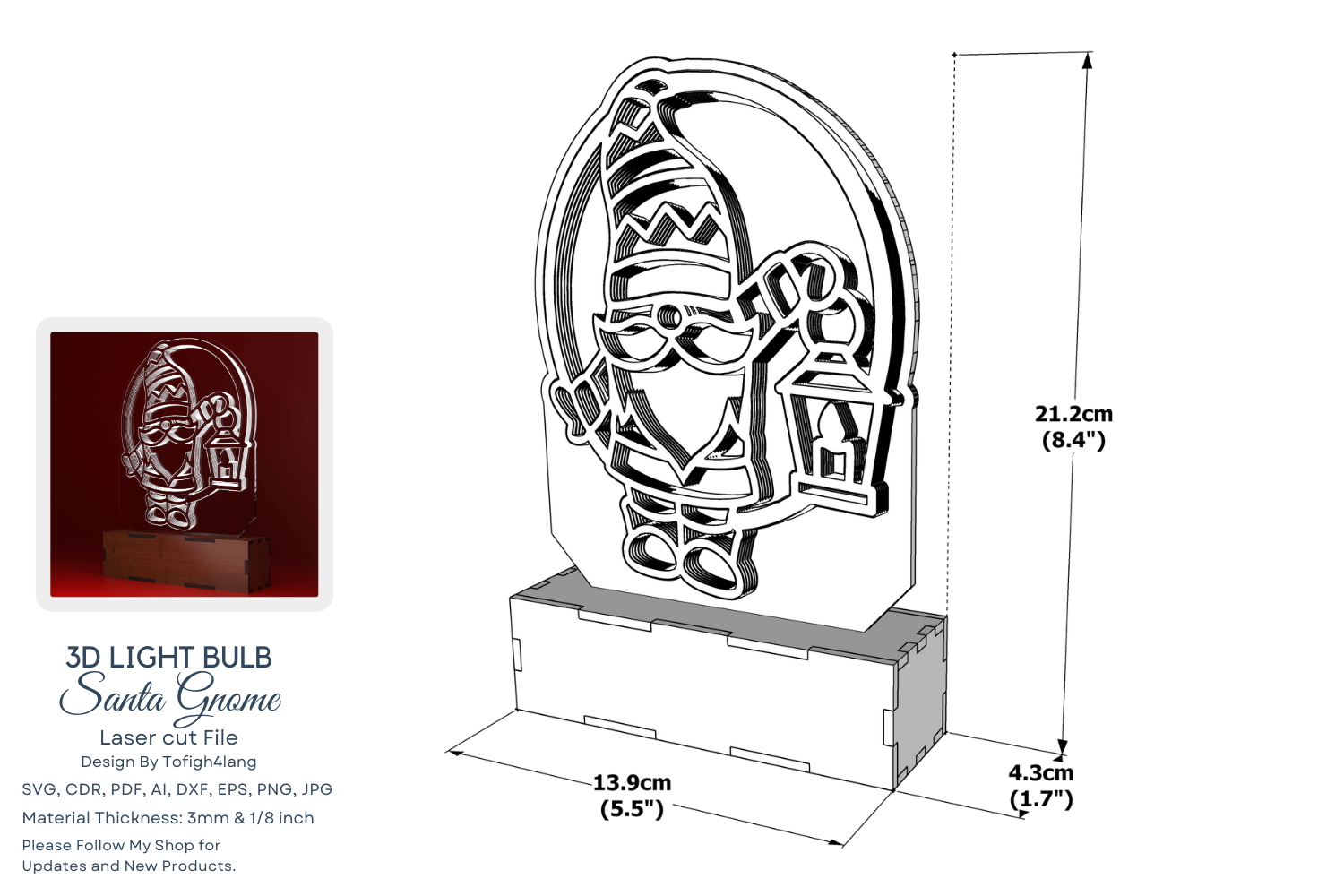 3D Light Bulb Santa Gnome | Christmas Laser Cut File | Festive Holiday LED Decoration