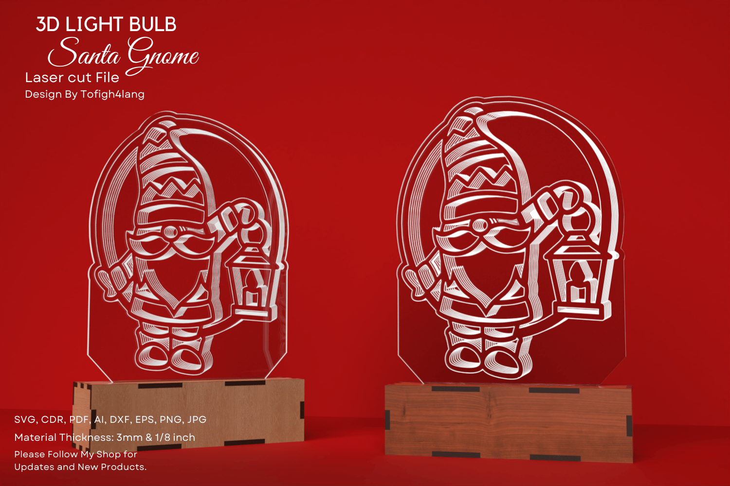 3D Light Bulb Santa Gnome | Christmas Laser Cut File | Festive Holiday LED Decoration