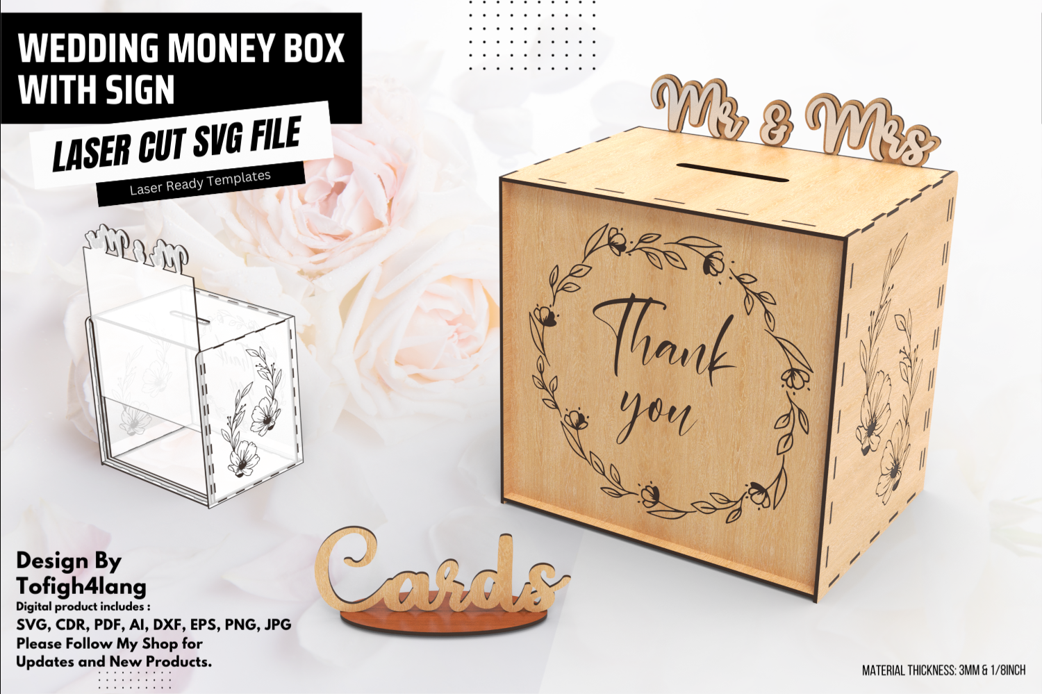 Wedding Money Box with Sign Laser Cut SVG File | Gift Card Box Laser Cutting File