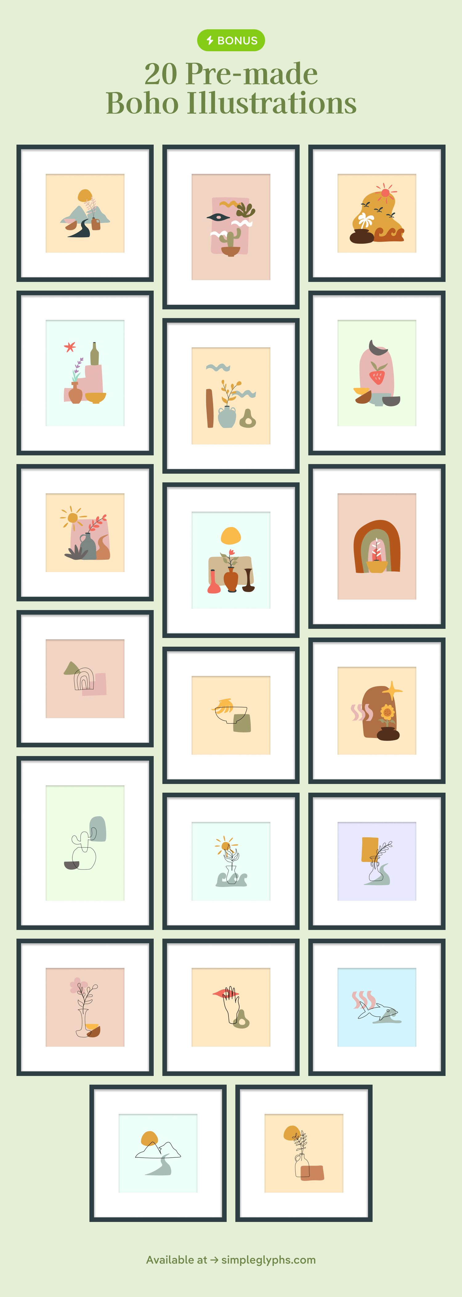 Image may contain: 20 pre-made boho illustrations in various theme and styles.