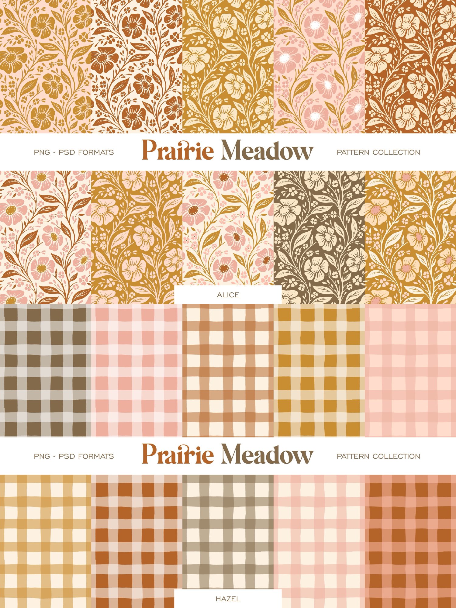collection of cottagecore, calico, damask, floral, and gingham hand drawn digital surface patterns