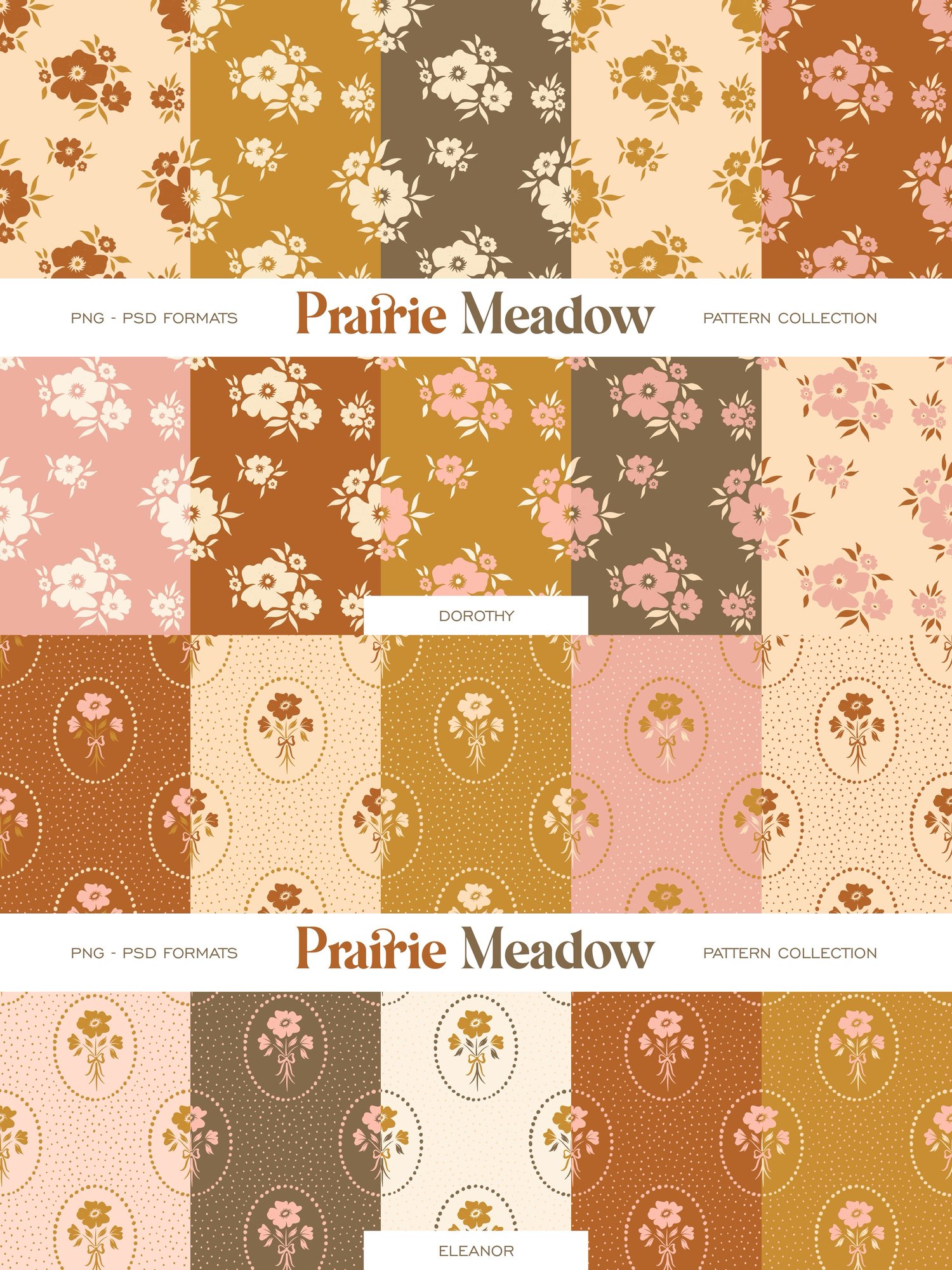 collection of cottagecore, calico, damask, floral, and gingham hand drawn digital surface patterns