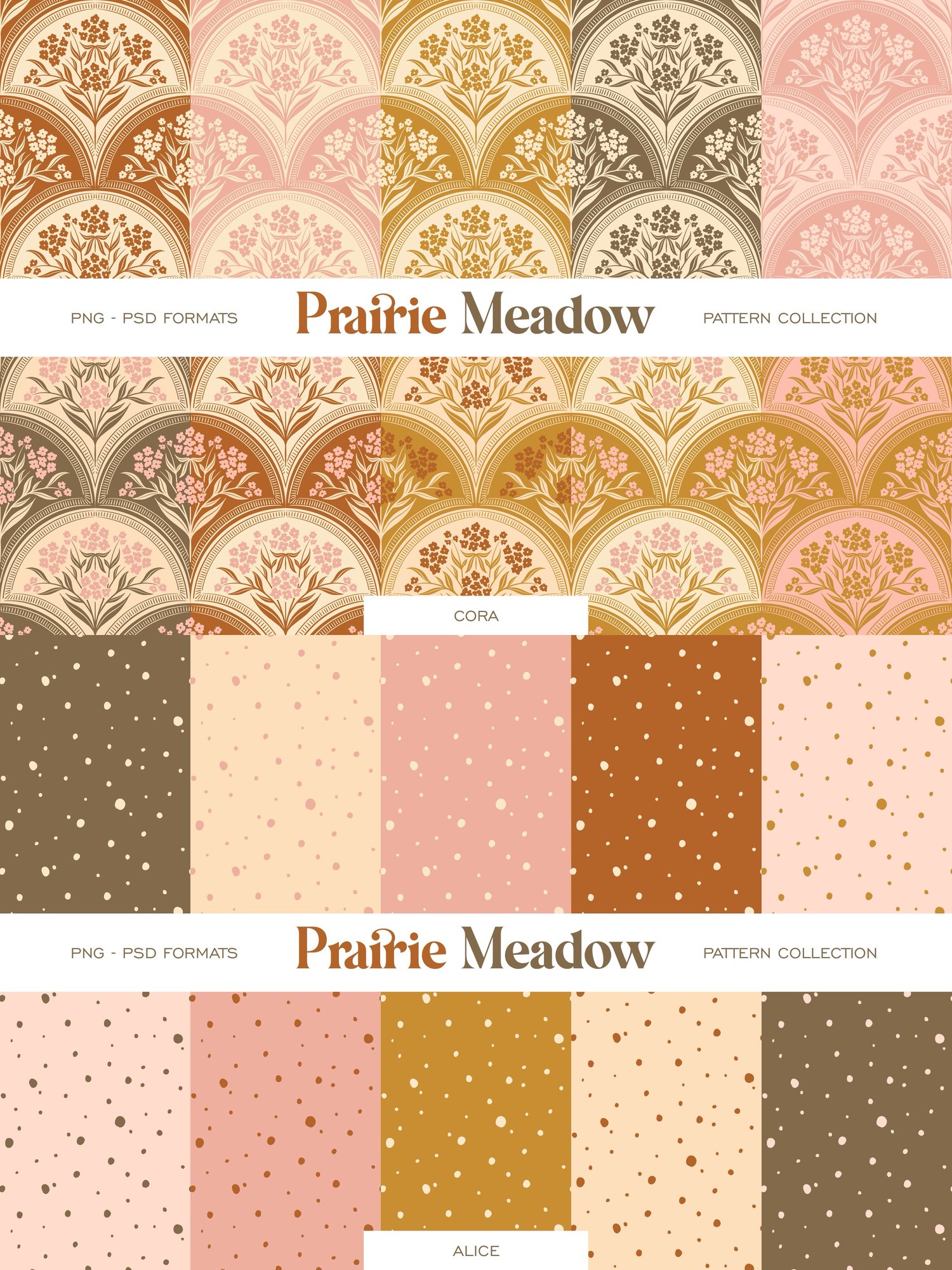 collection of cottagecore, calico, damask, floral, and gingham hand drawn digital surface patterns