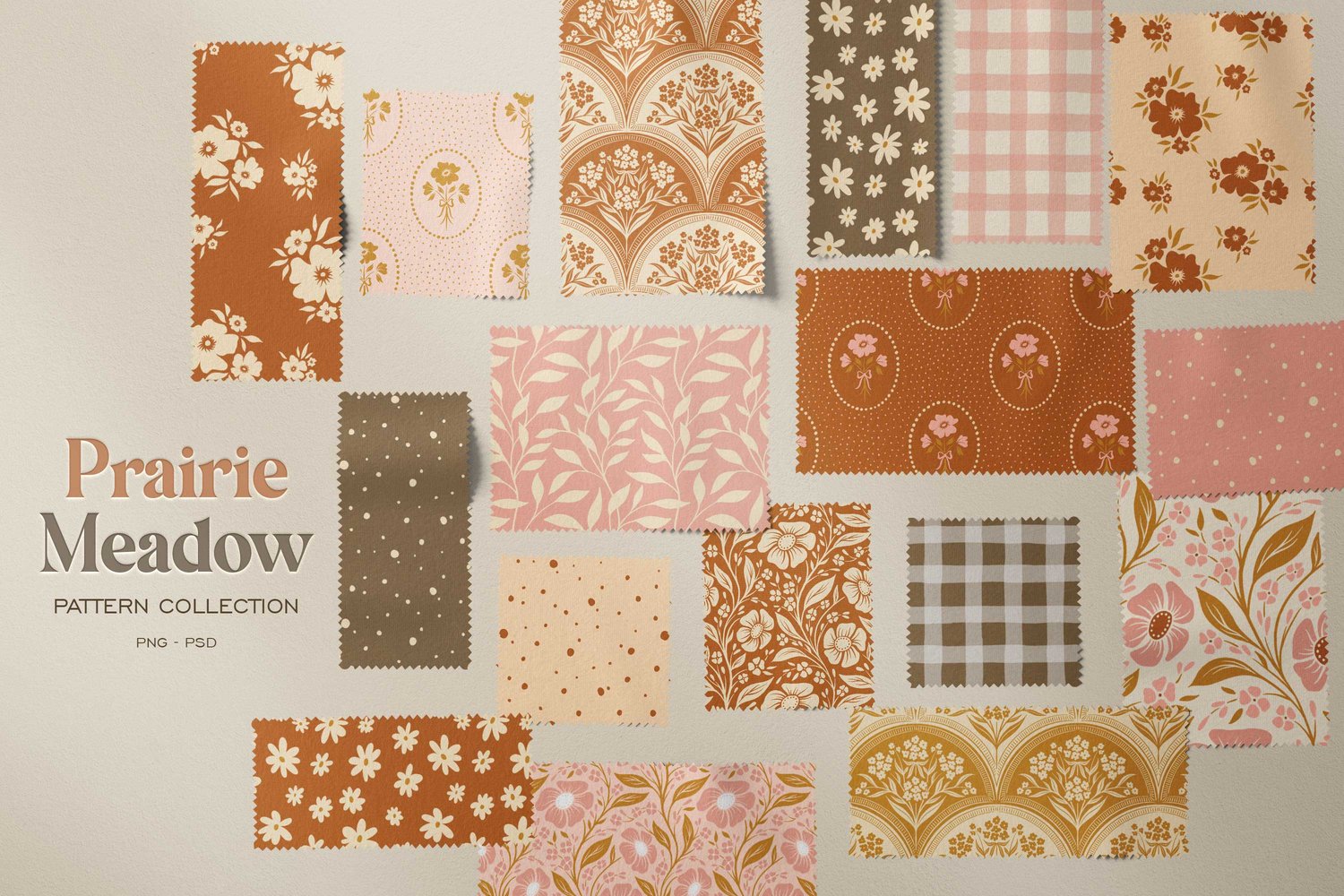 collection of cottagecore, calico, damask, floral, and gingham hand drawn digital surface patterns