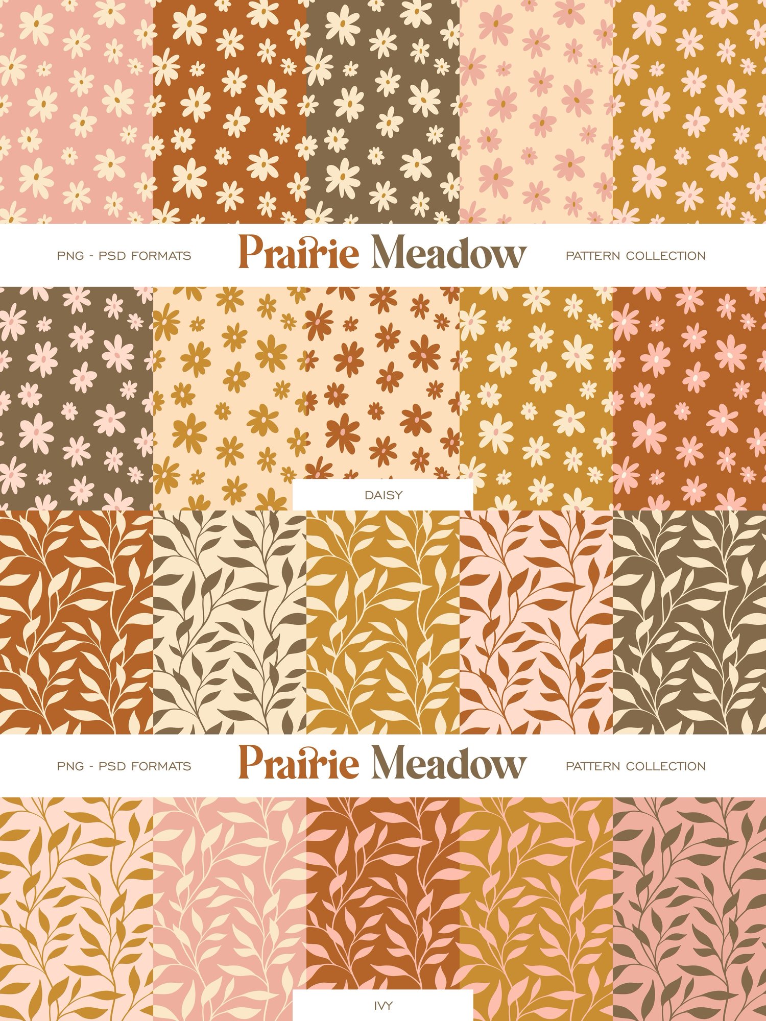 collection of cottagecore, calico, damask, floral, and gingham hand drawn digital surface patterns