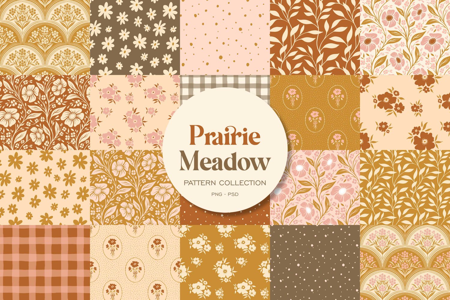 collection of cottagecore, calico, damask, floral, and gingham hand drawn digital surface patterns