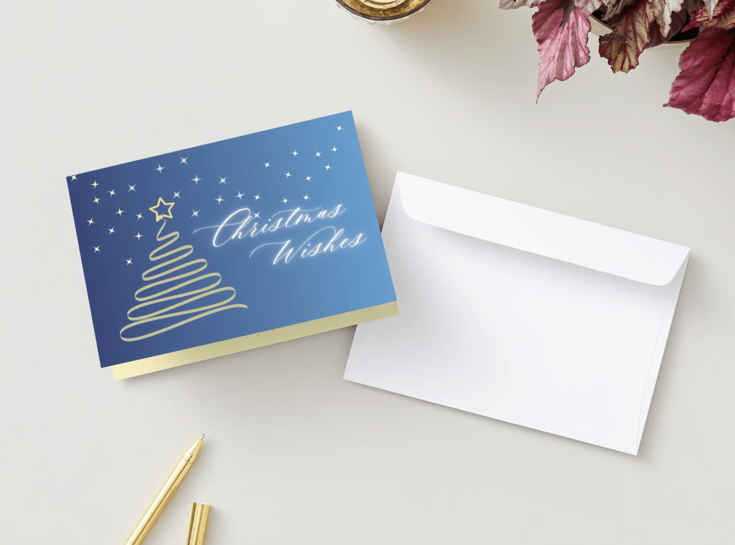 Customizable Minimalist Christmas Wishes Folded Card Landscape | Digital Canva Template. Mock card outside front view with envelope