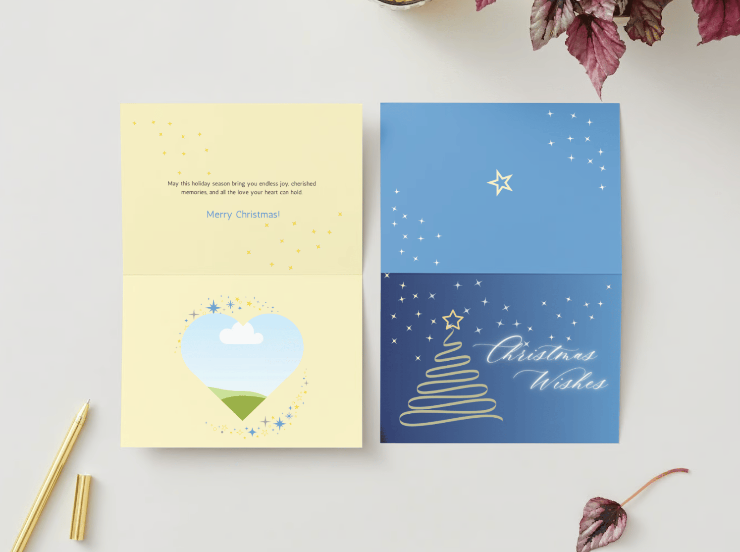 Customizable Minimalist Christmas Wishes Folded Card Landscape | Digital Canva Template. Mock card outside and inside views