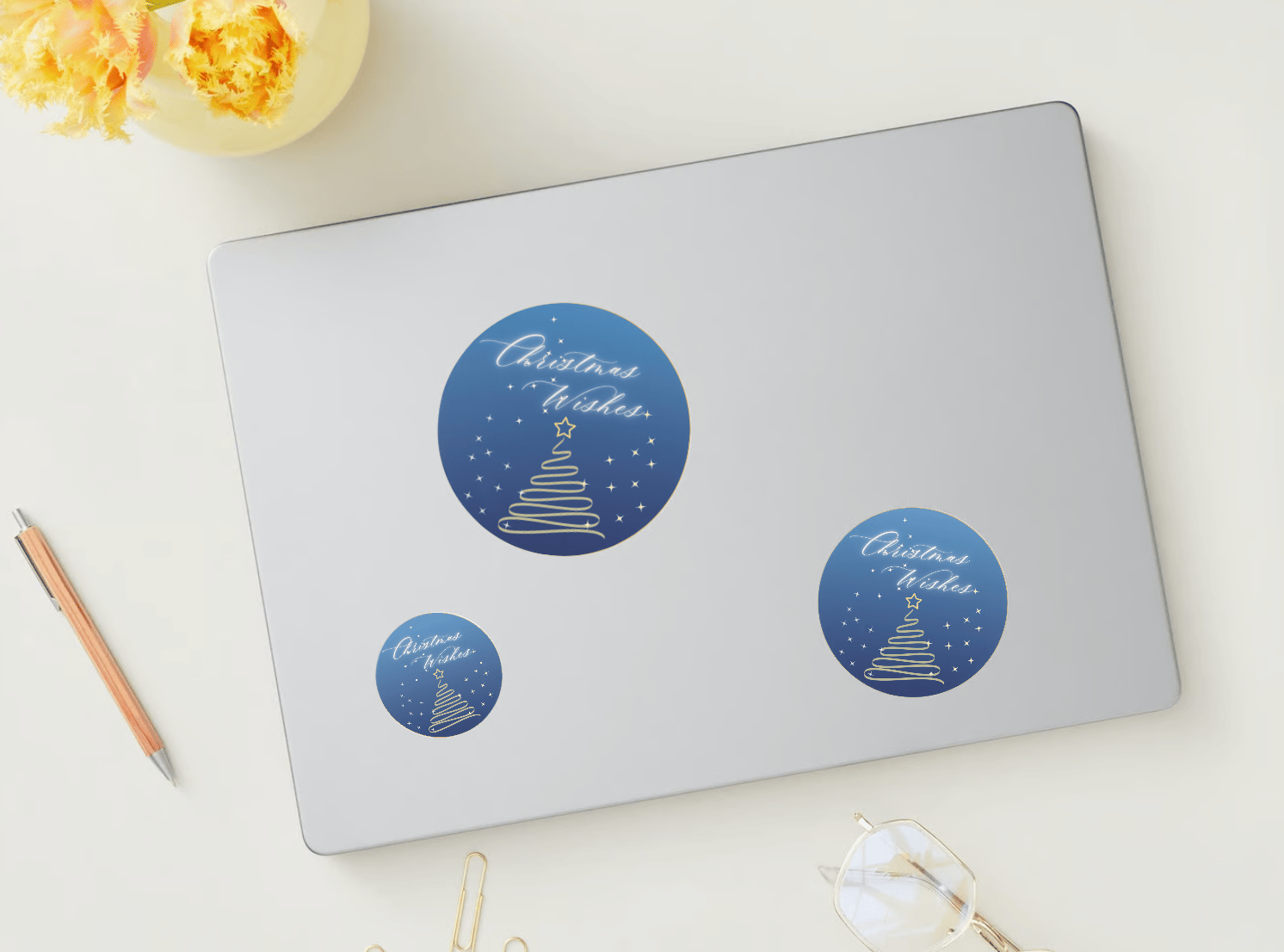 Customizable Minimalist Christmas Wishes Circle Sticker | Digital Canva Template. Mock stickers in various sizes