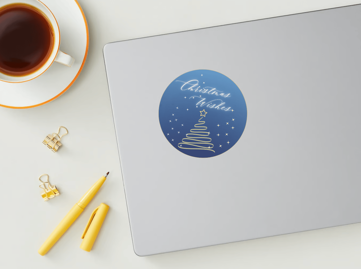 Customizable Minimalist Christmas Wishes Circle Sticker | Digital Canva Template. Mock sticker on laptop