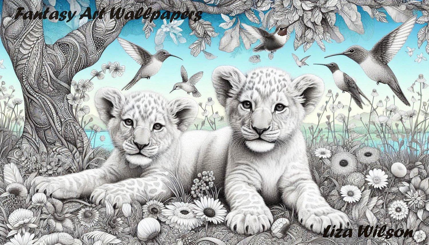 lion cubs, lions, lion greyscale sketch, lion wallpapers, humming birds, flowers, trees, ponds, greyscale, black & white