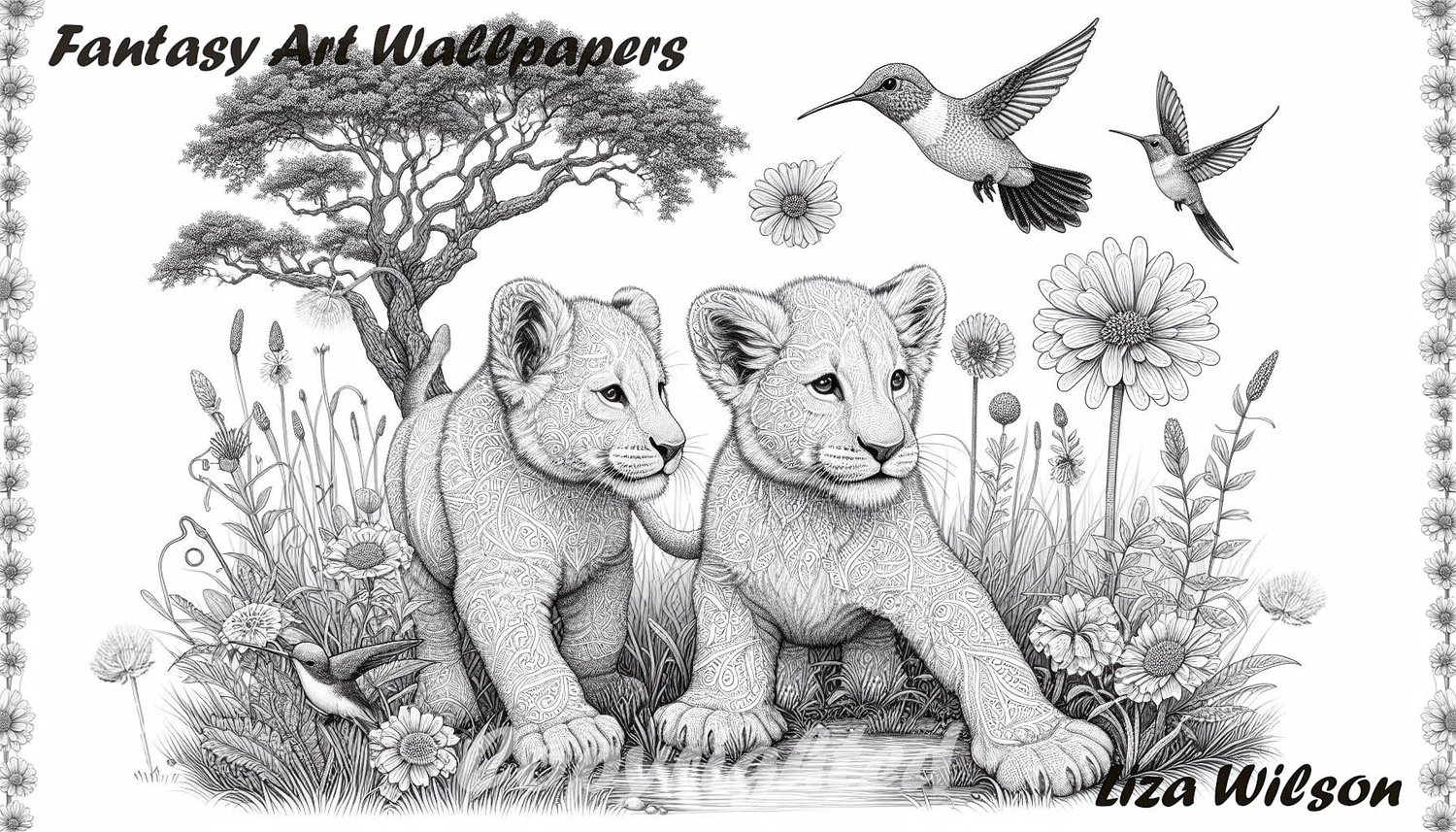 lion cubs, lions, lion greyscale sketch, lion wallpapers, humming birds, flowers, trees, ponds, greyscale, black & white