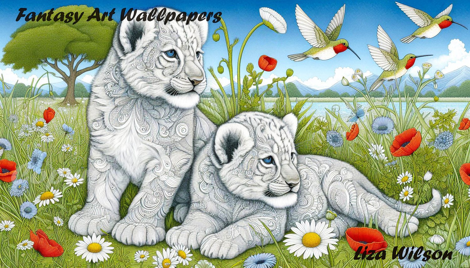 lion cubs, lions, greyscale lion sketch, lion wallpaper, humming birds, flowers, trees