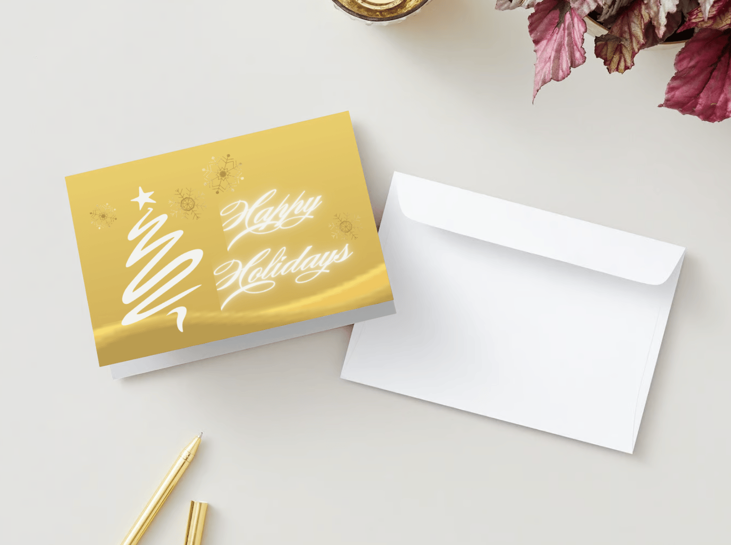 Customizable Brush Stroke Christmas Tree Folded Card Landscape | Digital Canva Template. Mock card outside front view with envelope