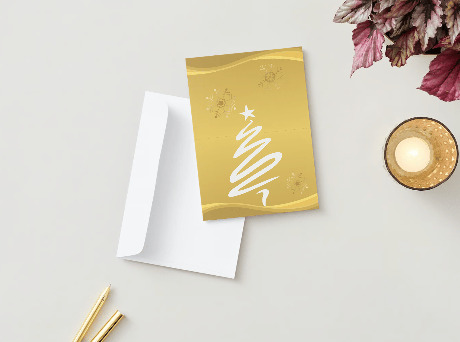 Customizable Brush Stroke Christmas Tree Folded Card Portrait | Digital Canva Template. Mock card outside front view with envelope