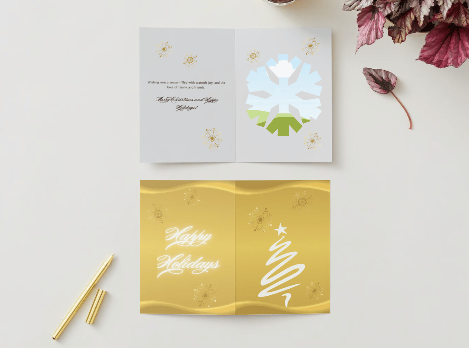 Customizable Brush Stroke Christmas Tree Folded Card Portrait | Digital Canva Template. Mock card outside and inside views