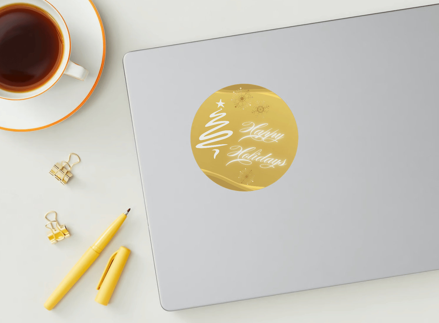 Customizable Brush Stroke Christmas Tree Circle Sticker | Digital Canva Template. Mock sticker on laptop