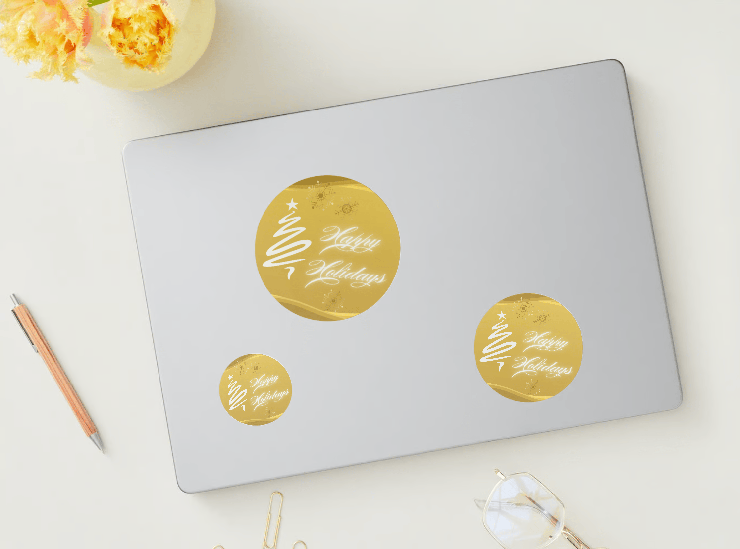 Customizable Brush Stroke Christmas Tree Circle Sticker | Digital Canva Template. Mock stickers in various sizes on laptop