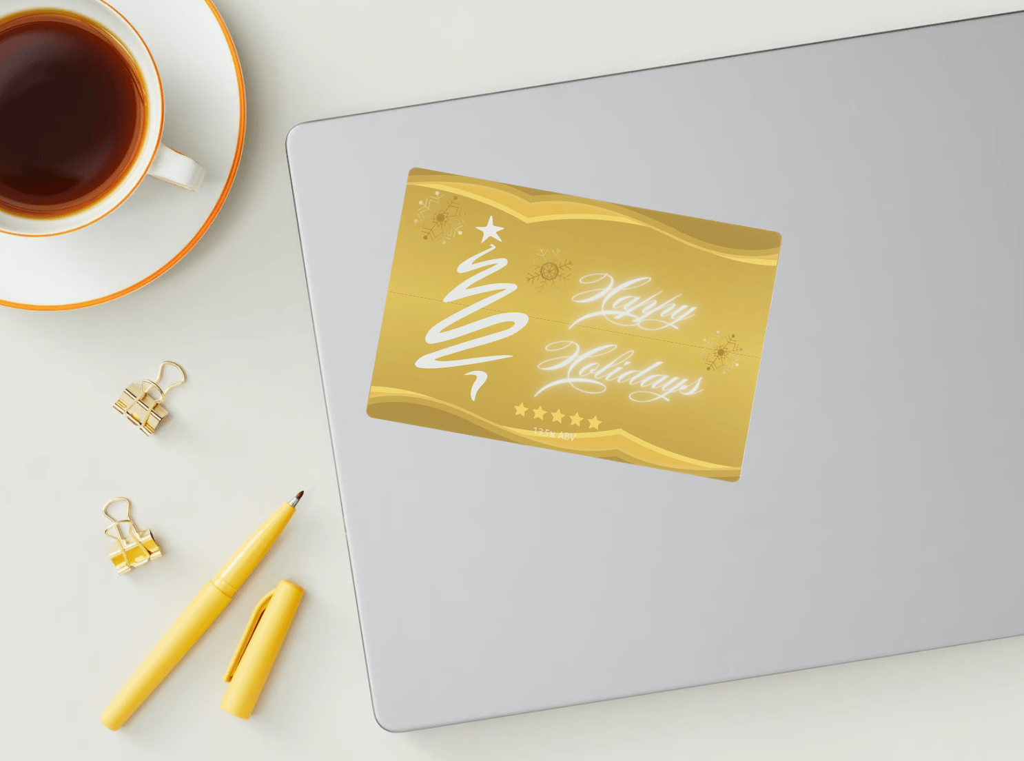 Customizable Brush Stroke Christmas Tree Sticker Label 6"x4" | Digital Canva Template. Mock sticker on laptop