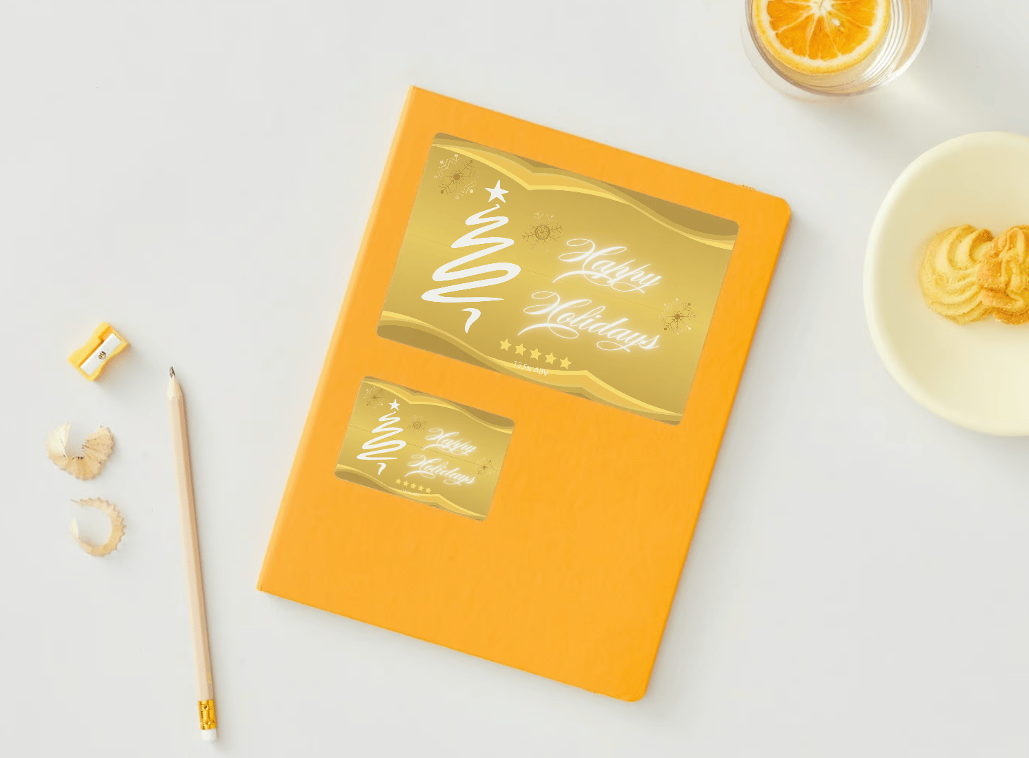 Customizable Brush Stroke Christmas Tree Sticker Label 6"x4" | Digital Canva Template. Mock stickers in various sizes on envelope
