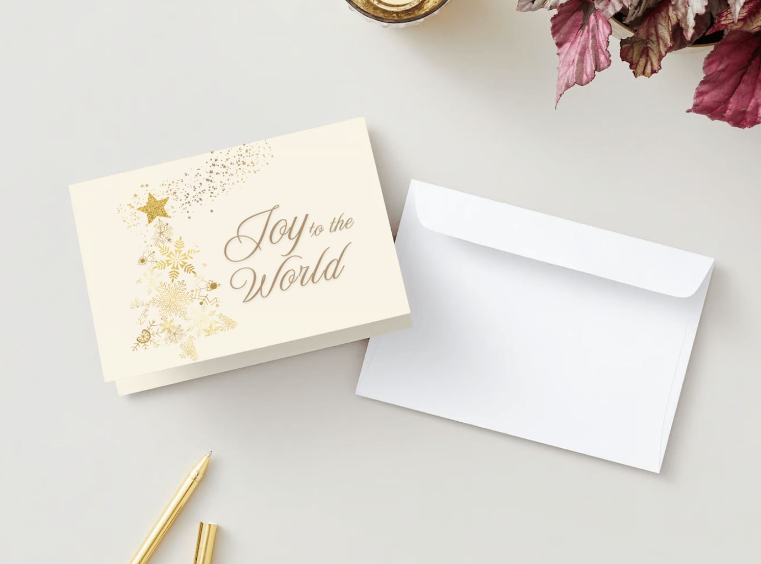 Customizable Golden Snowflake Christmas Tree Folded Card Landscape | Digital Canva Template. Mock card outside front view with envelope