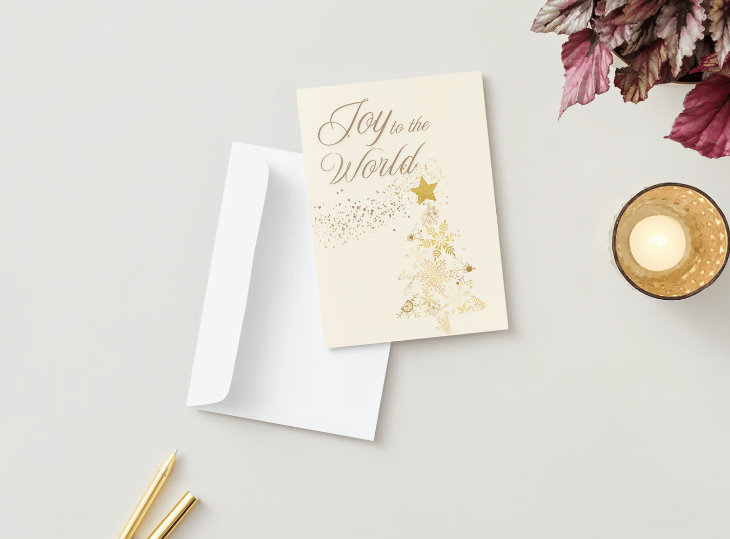 Customizable Golden Snowflake Christmas Tree Folded Card Portrait | Digital Canva Template. Mock card outside front view with envelope