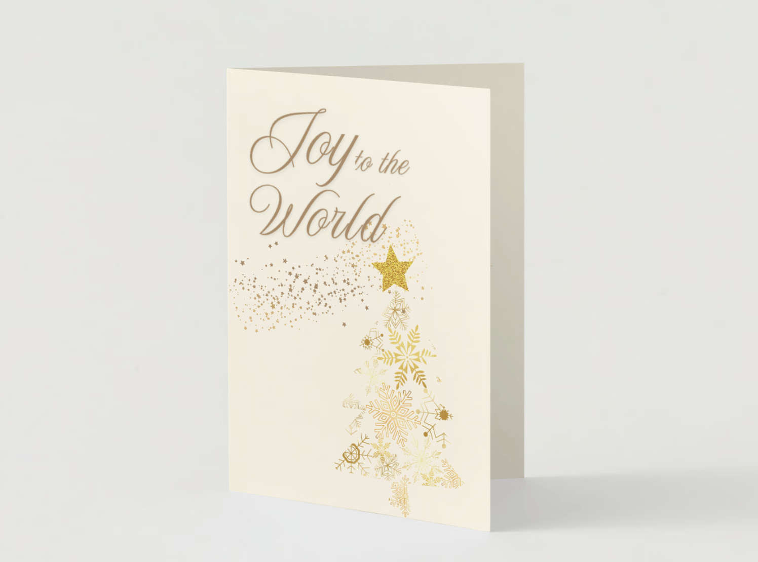 Customizable Golden Snowflake Christmas Tree Folded Card Portrait | Digital Canva Template. Mock card outside front view