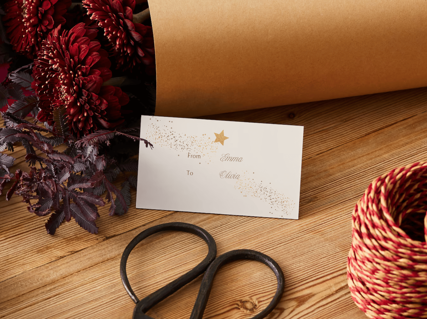 Customizable Golden Snowflake Christmas Tree Gift/Favor Tag| Digital Canva Template. Mock card back view