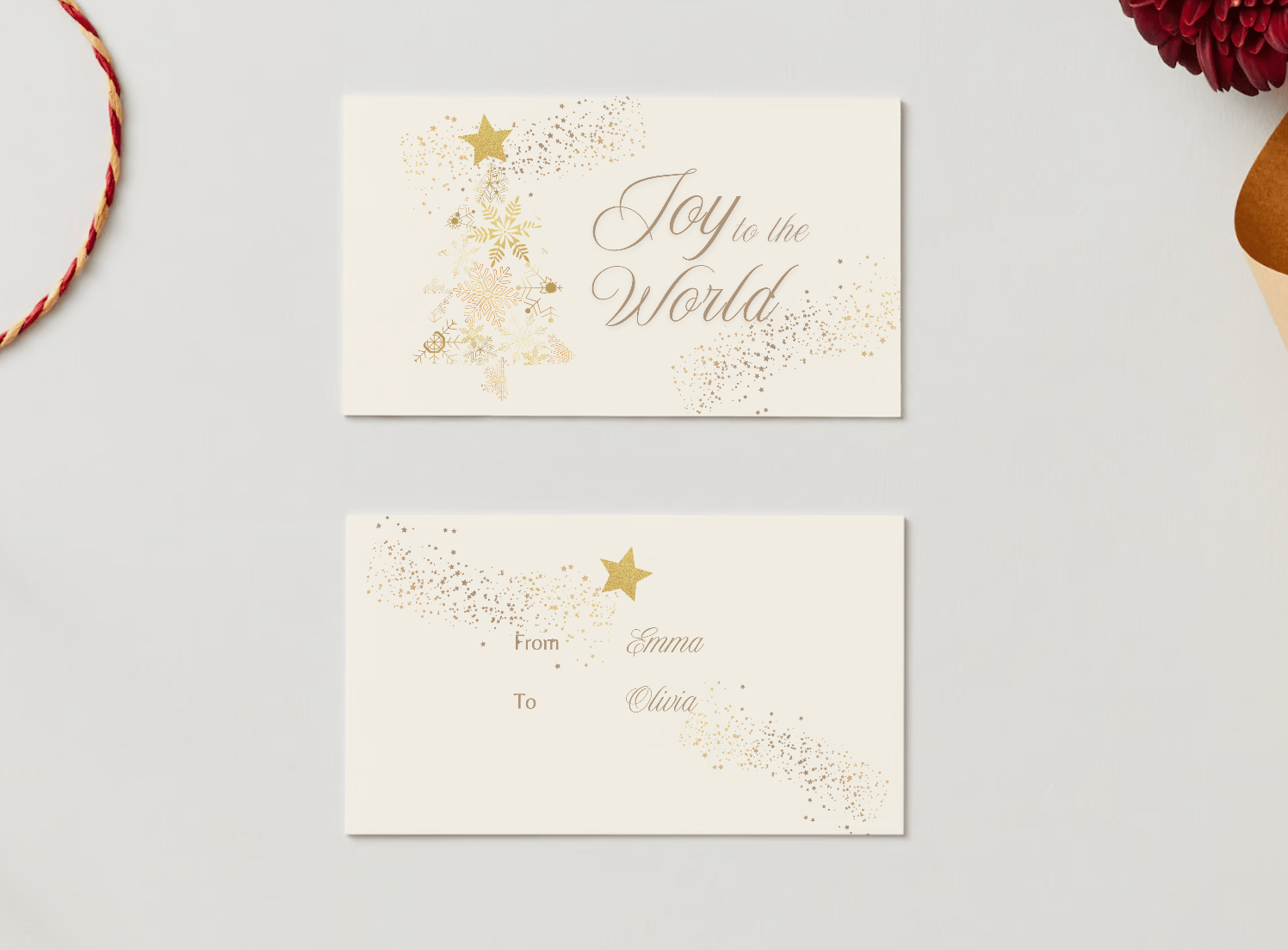 Customizable Golden Snowflake Christmas Tree Gift/Favor Tag| Digital Canva Template. Mock card front and back views