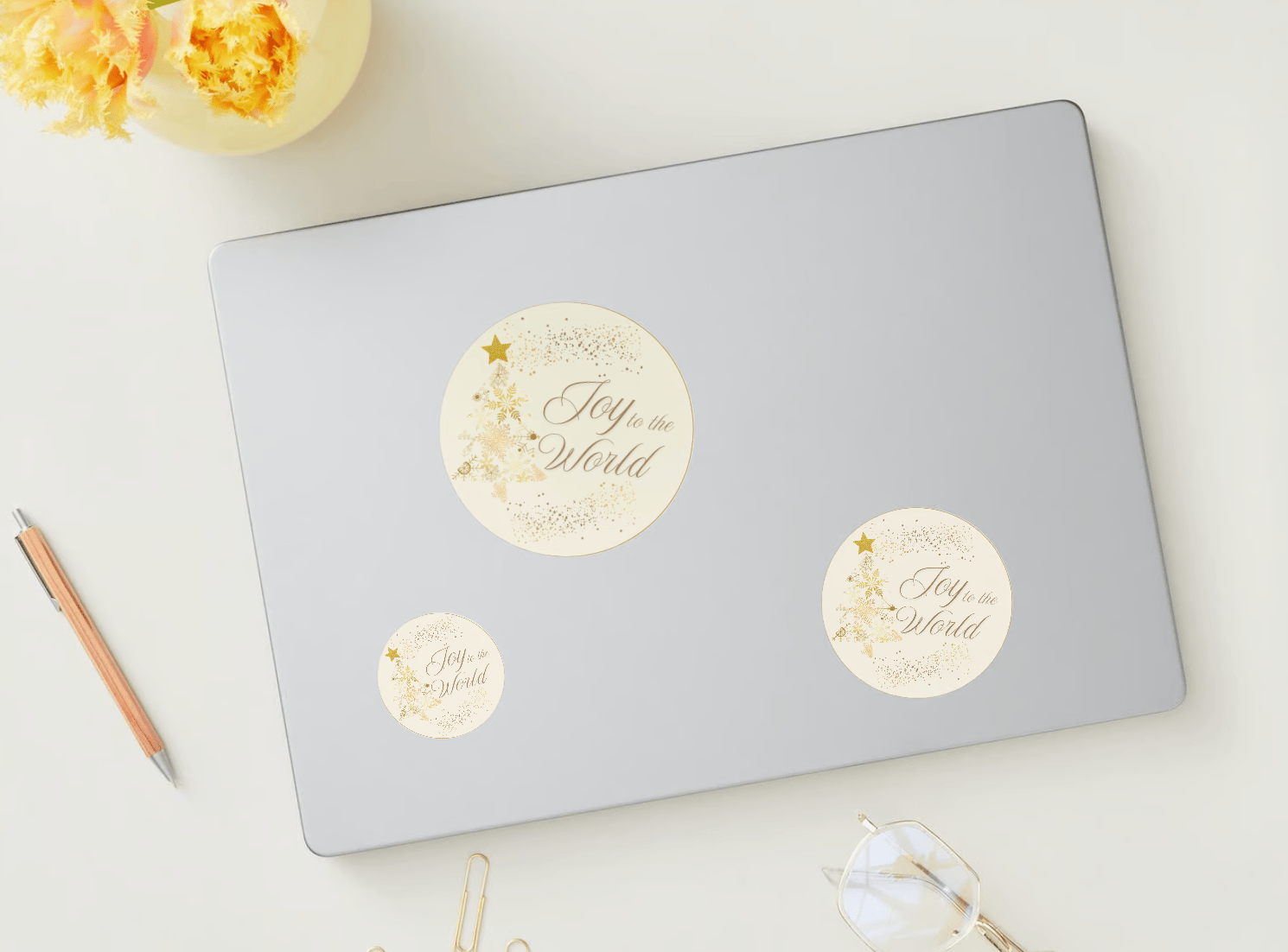 Customizable Golden Snowflake Christmas Tree Circle Sticker | Digital Canva Template. Mock stickers in various sizes