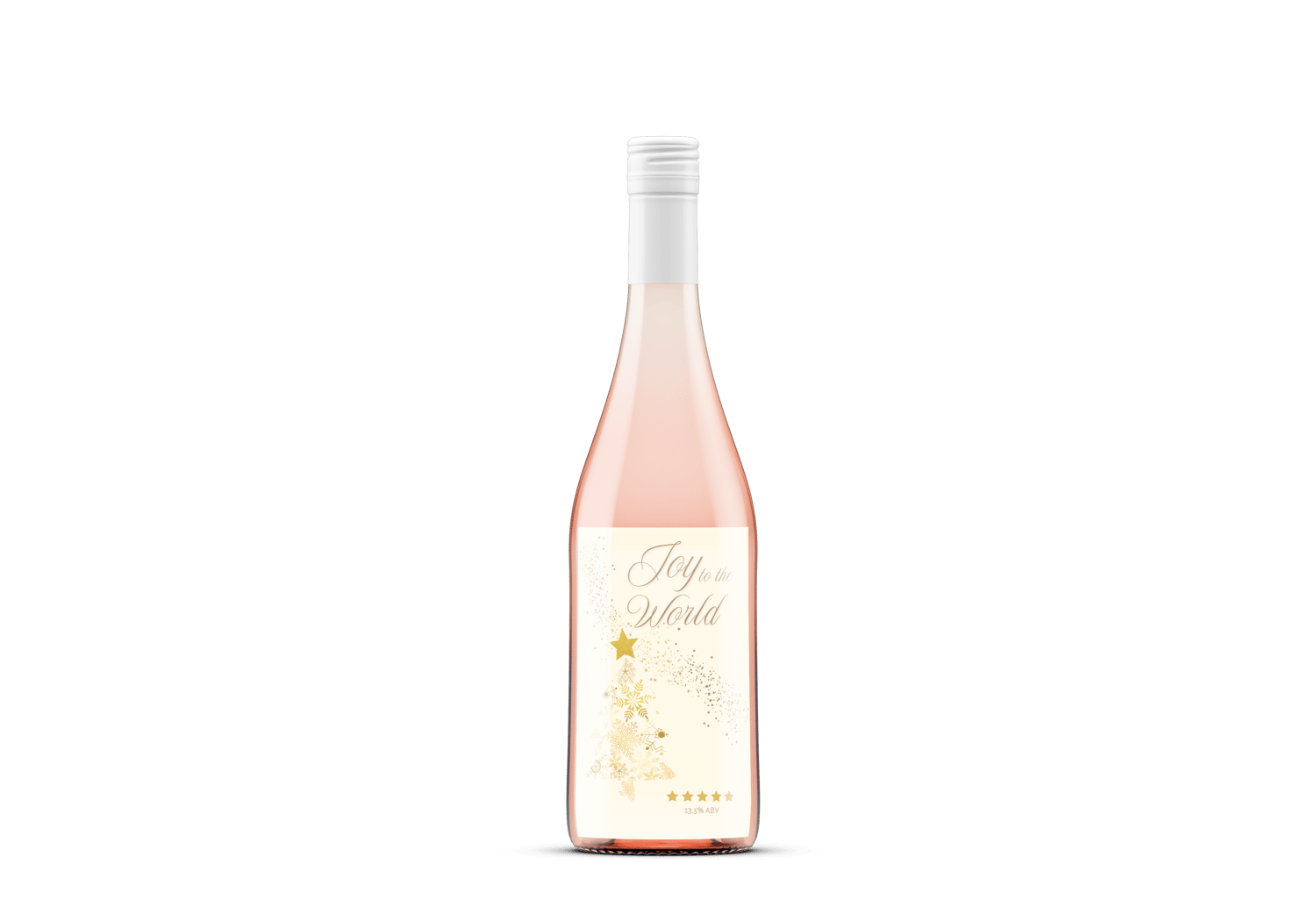 Customizable Golden Snowflake Christmas Tree Sticker Label 4"x6" | Digital Canva Template. Mock sticker on rose wine bottle