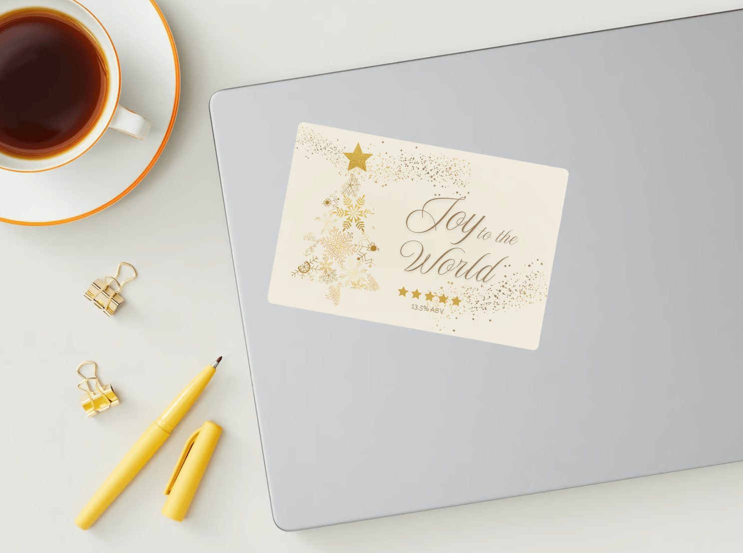 Customizable Golden Snowflake Christmas Tree Sticker Label 6"x4" | Digital Canva Template. Mock sticker on laptop