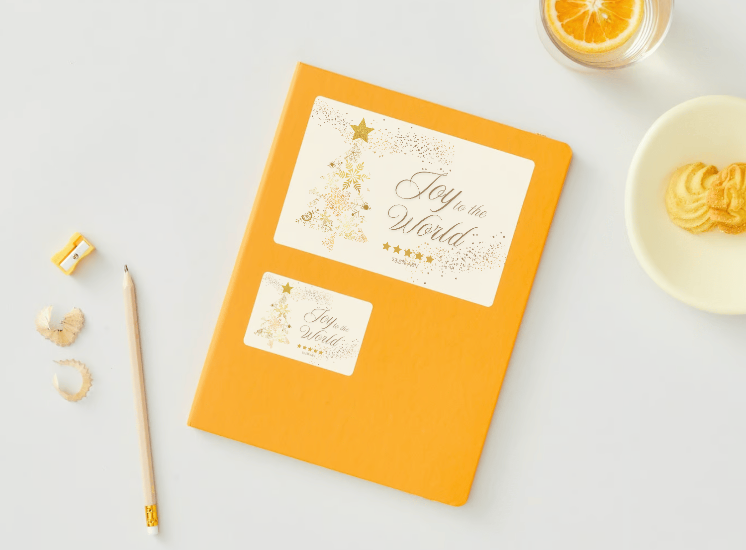 Customizable Golden Snowflake Christmas Tree Sticker Label 6"x4" | Digital Canva Template. Mock sticker in various sizes on envelope