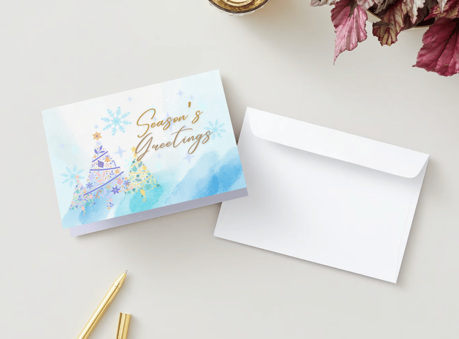 Customizable Pastel Christmas Trees Watercolor Folded Card Landscape | Digital Canva Template. Mock card outside front view with envelope